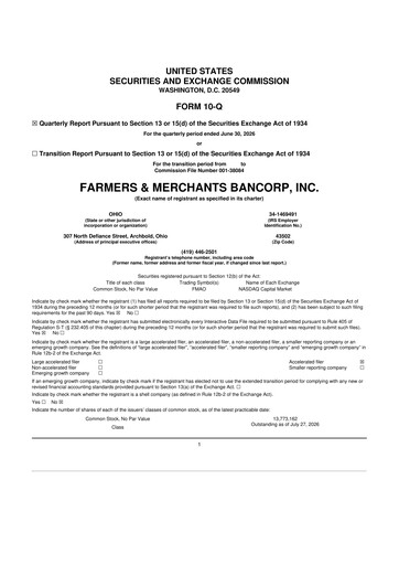 Vorschaubild Farmers & Merchants Bancorp 10-Q Quartalsbericht 2026 
