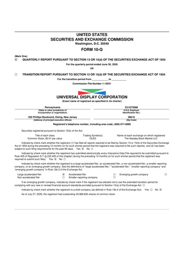 Miniature Universal Display Corporation
 10-Q Rapport trimestriel 2026 