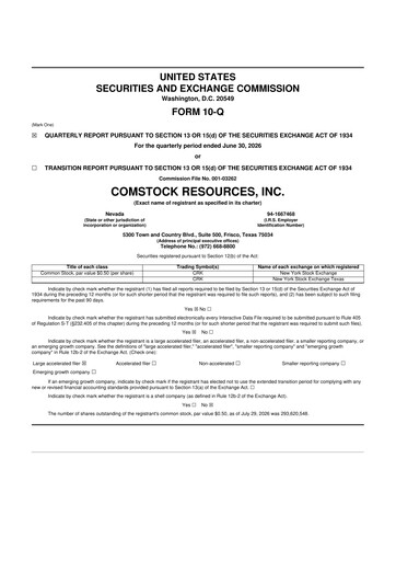 Thumbnail Comstock Resources 10-Q Quarterly Report FY2026 