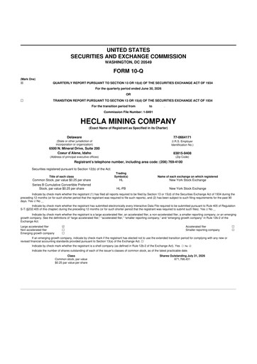 Miniature Hecla Mining
 10-Q Rapport trimestriel 2026 
