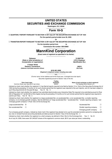 Thumbnail MannKind Corp 10-Q Quarterly Report FY2026 