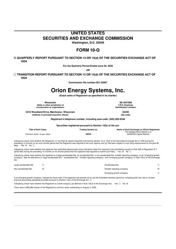 Miniature Orion Energy Systems
 10-Q Rapport trimestriel 2026 