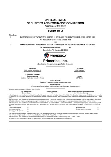 Thumbnail Primerica
 10-Q Quarterly Report FY2026 