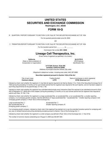 Miniature Lineage Cell Therapeutics
 10-Q Rapport trimestriel 2026 