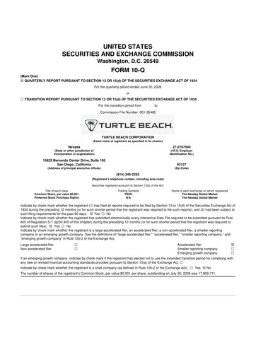 Miniature Turtle Beach Corp
 10-Q Rapport trimestriel 2026 
