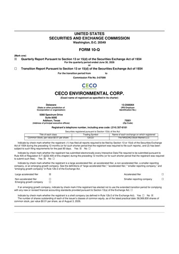 Miniature CECO Environmental
 10-Q Rapport trimestriel  