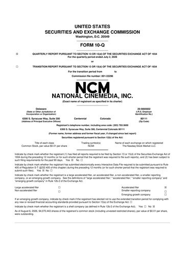 Thumbnail National CineMedia 10-Q Quarterly Report FY2026 Q2