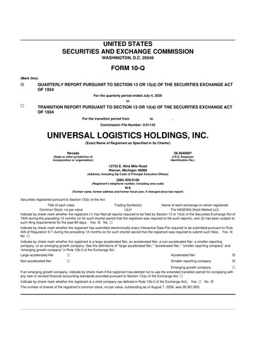 Thumbnail Universal Logistics Holdings 10-Q Quarterly Report FY2026 