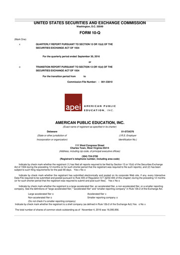 Thumbnail American Public Education 10-Q Quarterly Report FY2016 
