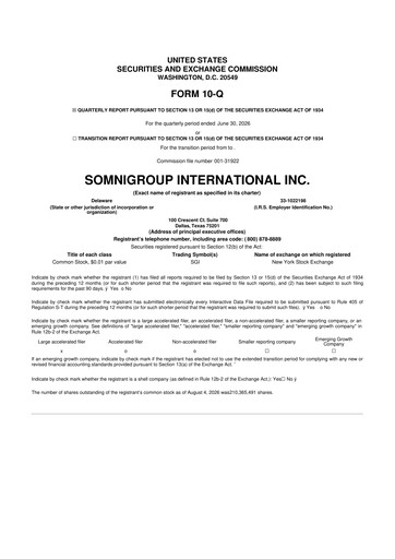 Miniature Somnigroup International 10-Q Rapport trimestriel 2026 