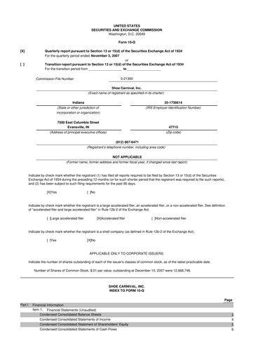 Thumbnail Shoe Carnival
 10-Q Quarterly Report FY 