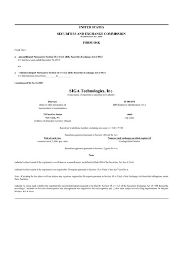 Thumbnail SIGA Technologies 10-K Annual Report 