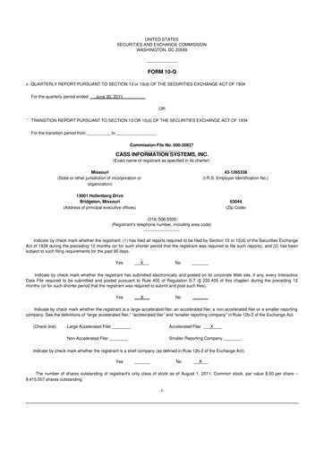 Thumbnail Cass Information Systems 10-Q Quarterly Report FY2011 