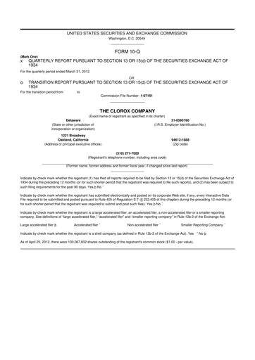 Thumbnail Clorox 10-Q Quarterly Report FY2012 