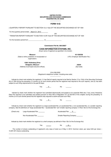 Thumbnail Cass Information Systems 10-Q Quarterly Report FY2012 