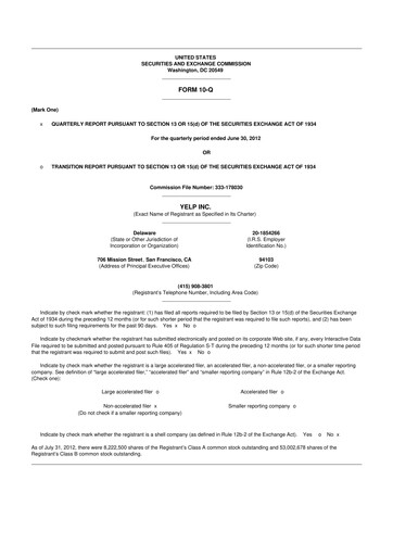 Miniature Yelp 10-Q Rapport trimestriel 2012 