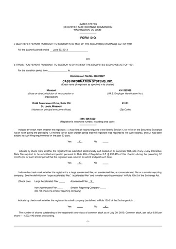 Thumbnail Cass Information Systems 10-Q Quarterly Report FY2013 