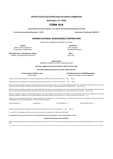 Thumbnail Virginia National Bankshares 10-K Annual Report 