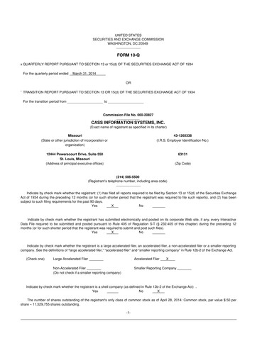 Thumbnail Cass Information Systems 10-Q Quarterly Report FY2014 