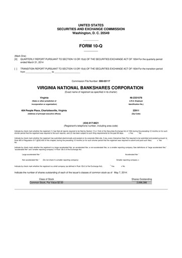 Thumbnail Virginia National Bankshares 10-Q Quarterly Report FY2014 