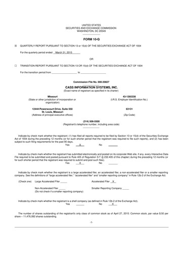 Thumbnail Cass Information Systems 10-Q Quarterly Report FY2015 