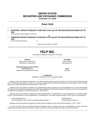 Miniature Yelp 10-Q Rapport trimestriel 2015 