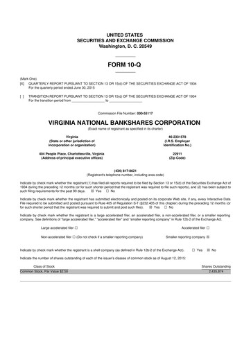 Thumbnail Virginia National Bankshares 10-Q Quarterly Report FY2015 