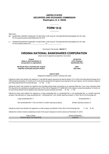 Thumbnail Virginia National Bankshares 10-Q Quarterly Report FY2015 