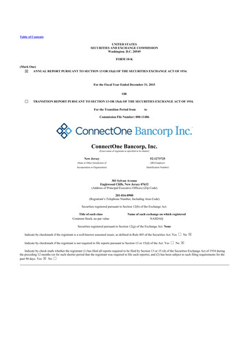 Thumbnail ConnectOne Bancorp 10-K Annual Report 2015