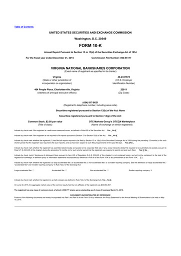 Thumbnail Virginia National Bankshares 10-K Annual Report 2015