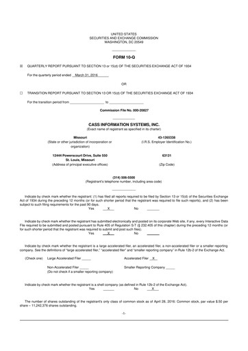 Thumbnail Cass Information Systems 10-Q Quarterly Report FY2016 