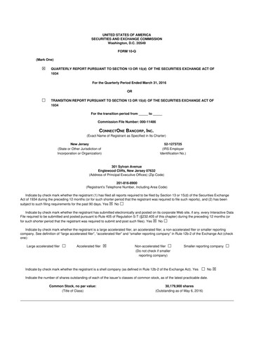 Thumbnail ConnectOne Bancorp 10-Q Quarterly Report FY2016 