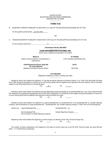 Thumbnail Cass Information Systems 10-Q Quarterly Report FY2016 