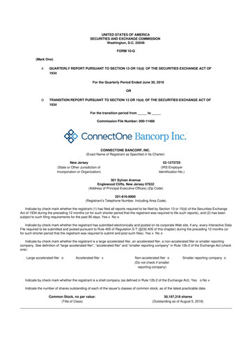 Thumbnail ConnectOne Bancorp 10-Q Quarterly Report FY2016 