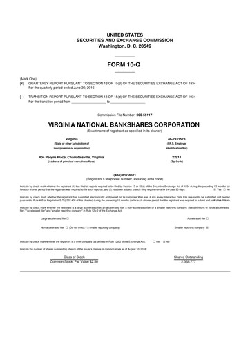 Thumbnail Virginia National Bankshares 10-Q Quarterly Report FY2016 