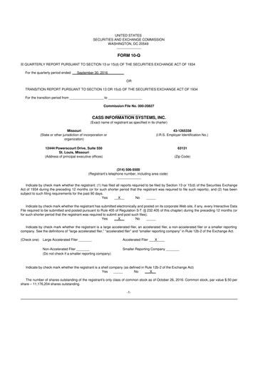 Thumbnail Cass Information Systems 10-Q Quarterly Report FY2016 
