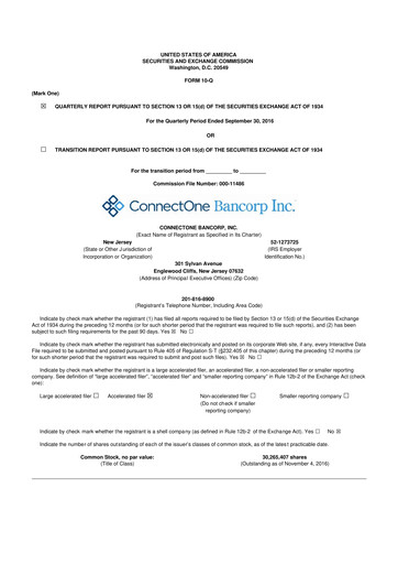 Thumbnail ConnectOne Bancorp 10-Q Quarterly Report FY2016 