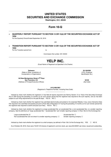 Miniature Yelp 10-Q Rapport trimestriel 2016 