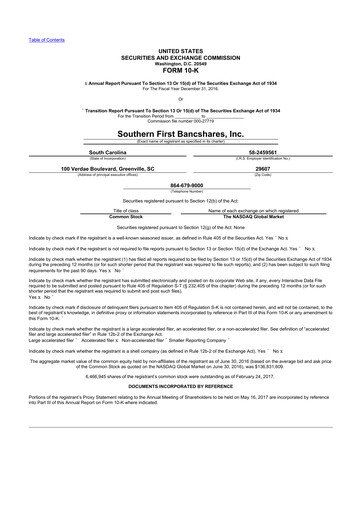 Thumbnail Southern First Bancshares 10-K Annual Report 2016