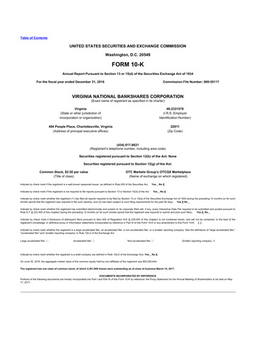 Thumbnail Virginia National Bankshares 10-K Annual Report 2016