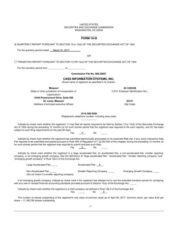 Thumbnail Cass Information Systems 10-Q Quarterly Report FY2017 