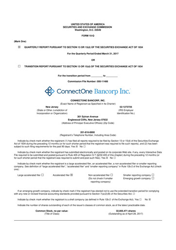 Thumbnail ConnectOne Bancorp 10-Q Quarterly Report FY2017 