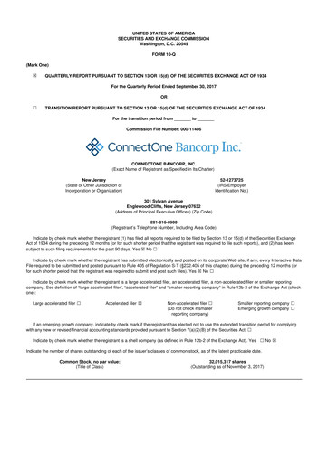 Thumbnail ConnectOne Bancorp 10-Q Quarterly Report FY2017 