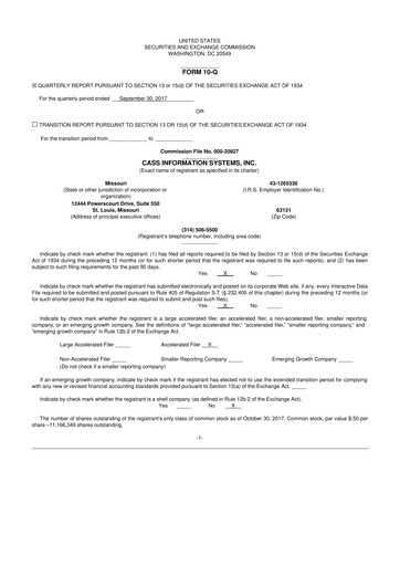 Thumbnail Cass Information Systems 10-Q Quarterly Report FY2017 