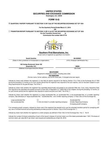 Thumbnail Southern First Bancshares 10-Q Quarterly Report FY2018 