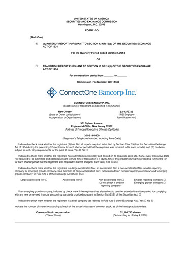 Thumbnail ConnectOne Bancorp 10-Q Quarterly Report FY2018 