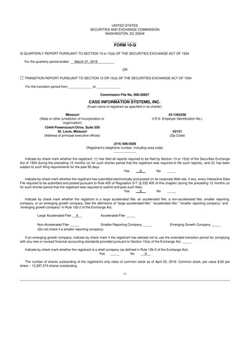 Thumbnail Cass Information Systems 10-Q Quarterly Report FY2018 