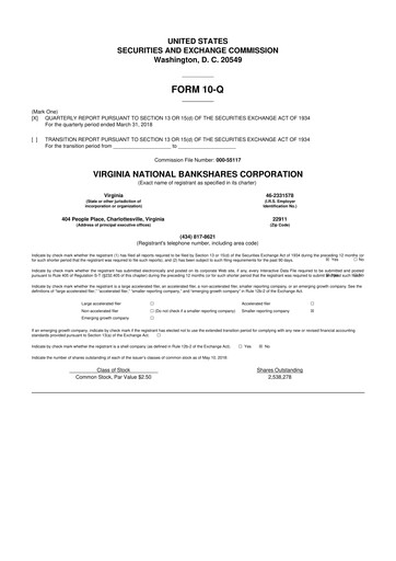 Thumbnail Virginia National Bankshares 10-Q Quarterly Report FY2018 