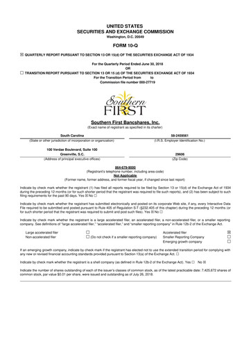 Thumbnail Southern First Bancshares 10-Q Quarterly Report FY2018 