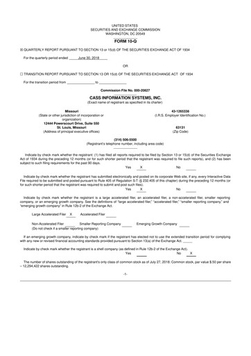 Thumbnail Cass Information Systems 10-Q Quarterly Report FY2018 